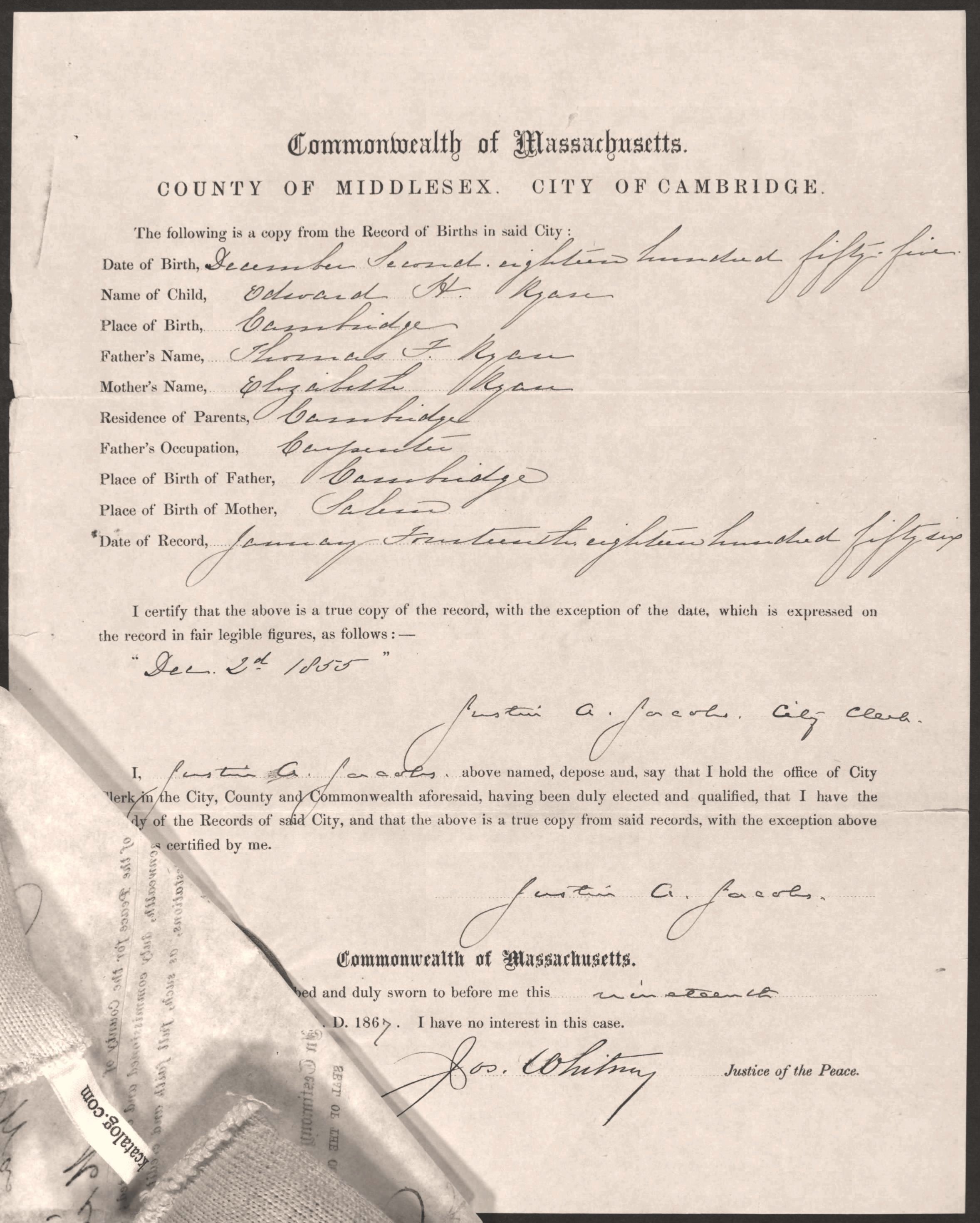 Example of a recruit's birth certificate
