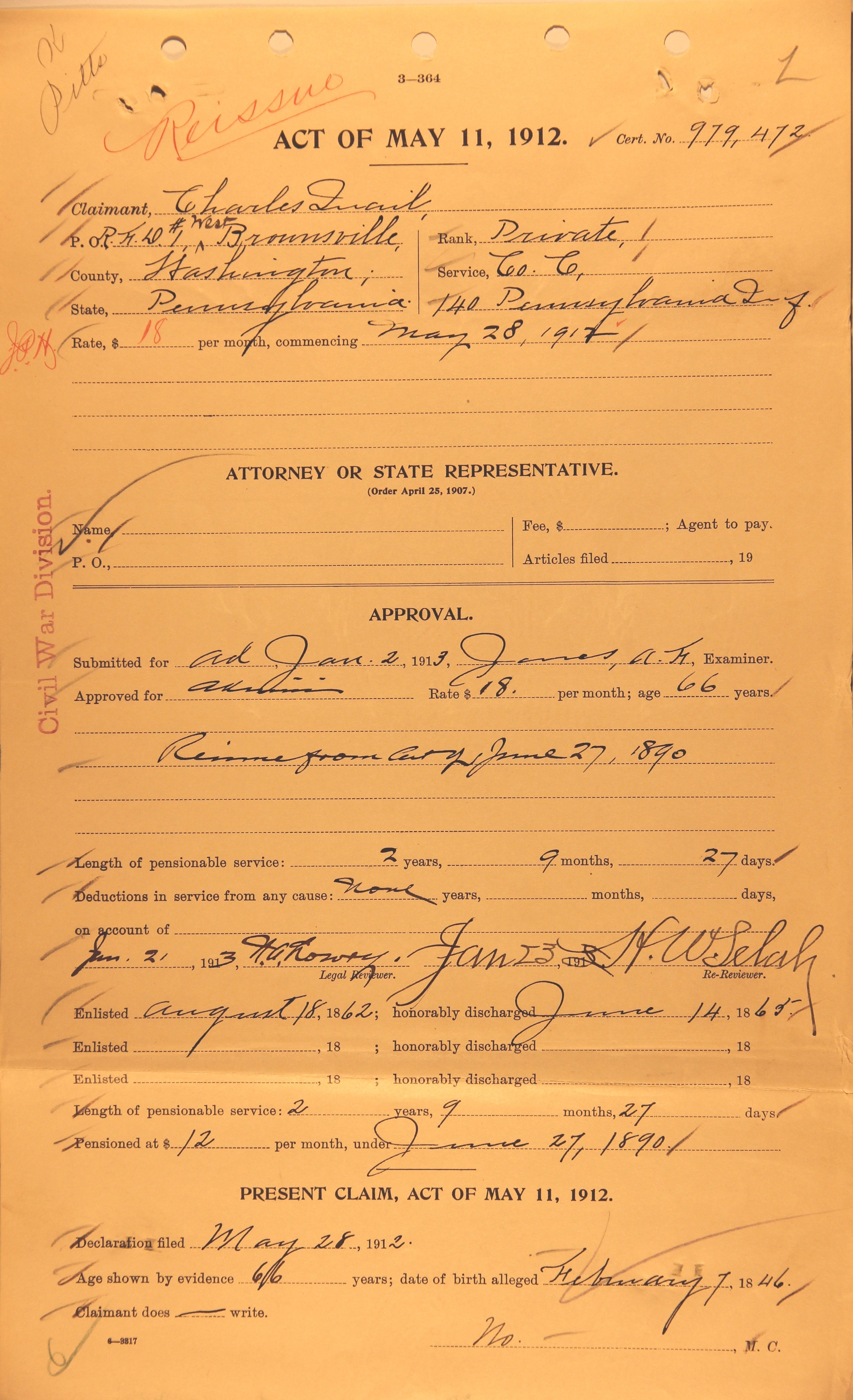 A ruling reissuing a recruit's pension under the act of May 11, 1912