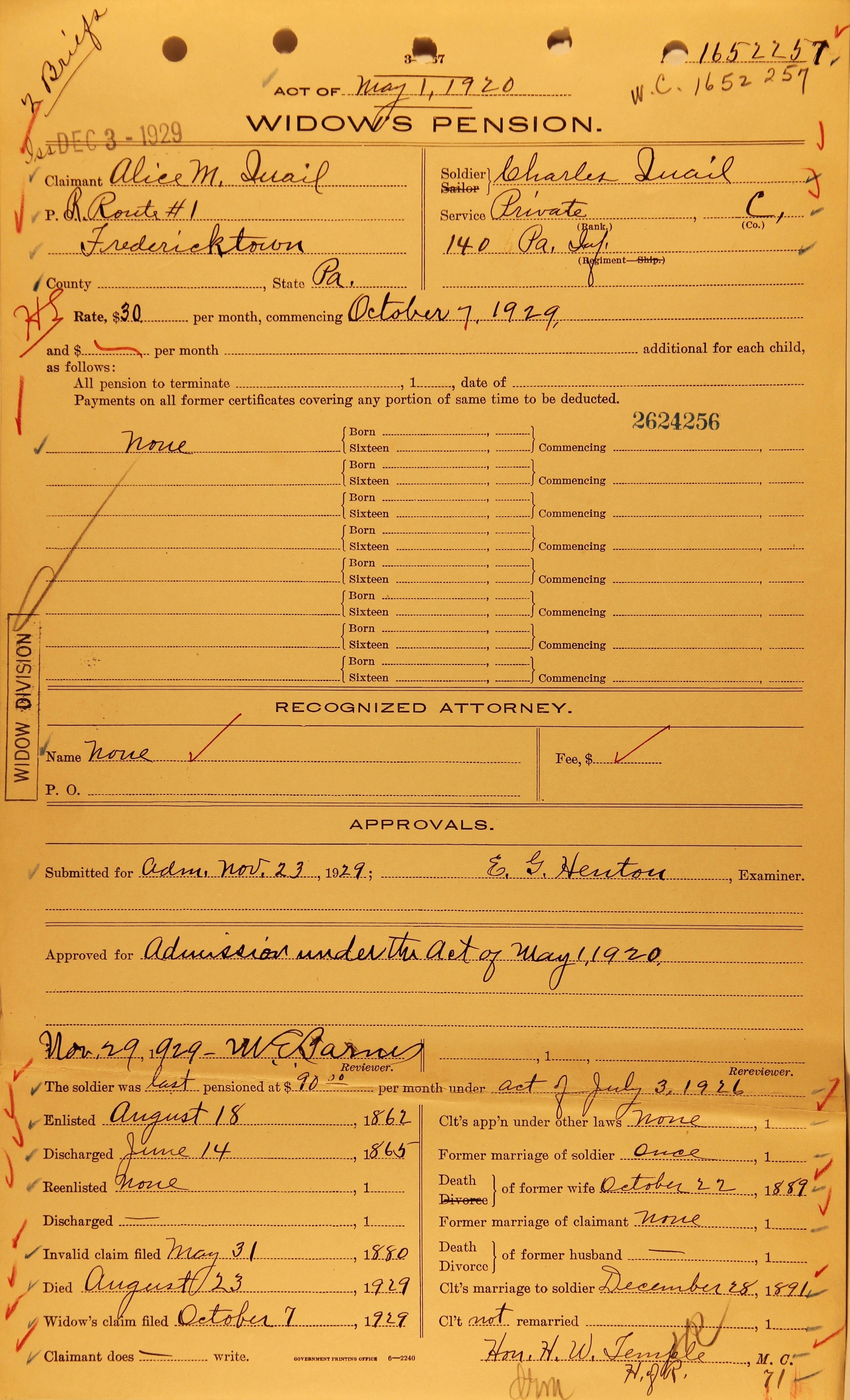 Ruling granting a widow's pension under the act of May 1, 1920