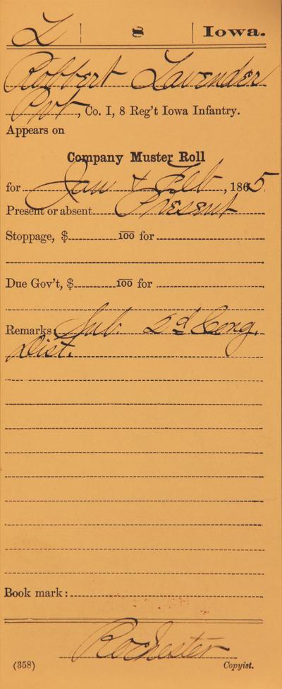 Image of a recruit's muster roll card for January and February, 1865
