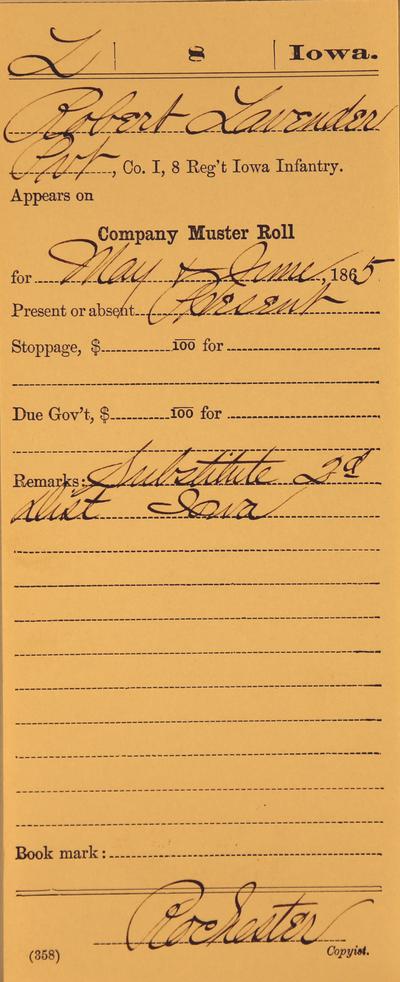 Image of a recruit's muster roll card for May and June, 1865
