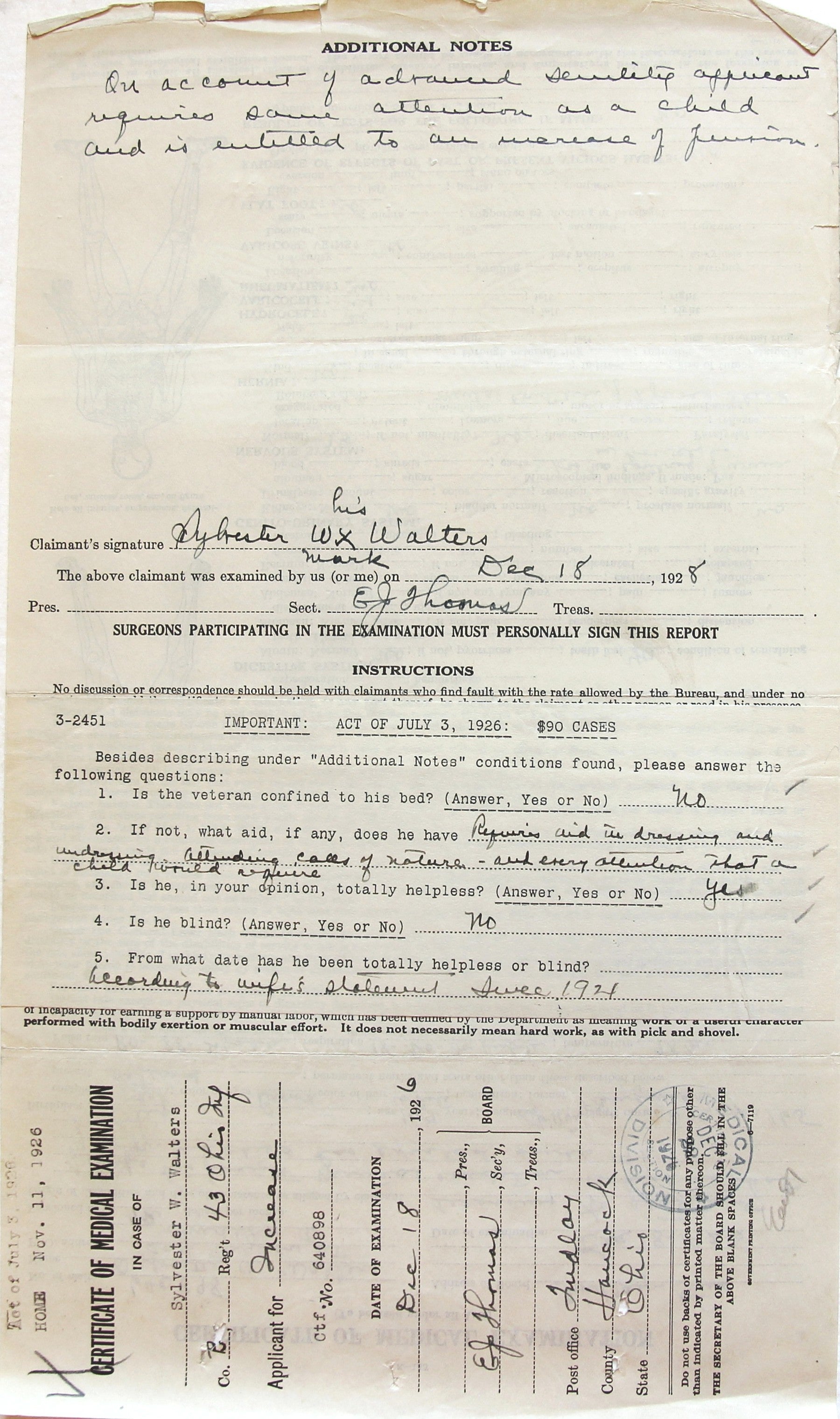 Image of the second page of the surgeon's certificate for Walter's 1926 pension application.